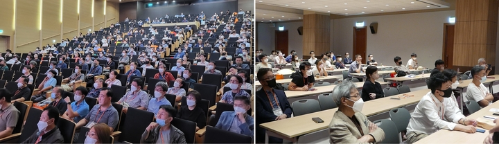대형 학술강연장(사진 왼쪽)과 일반 강연장(오른쪽)에서 참석한 치과의사들이 강연에 열중하고 있다.<윤선영 기자>