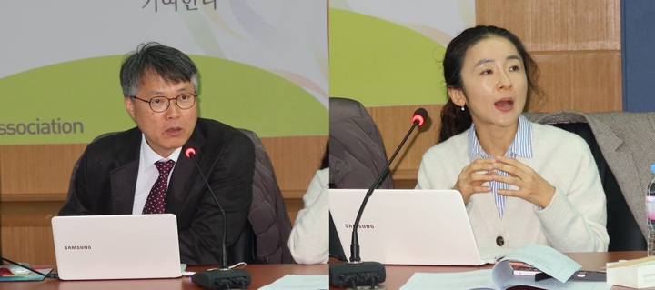 이성근 커뮤니티케어보건의료단체협의회 공동대표와 박인필 대한노년치의학회 이사가 발표하고 있다. <전수환 기자>