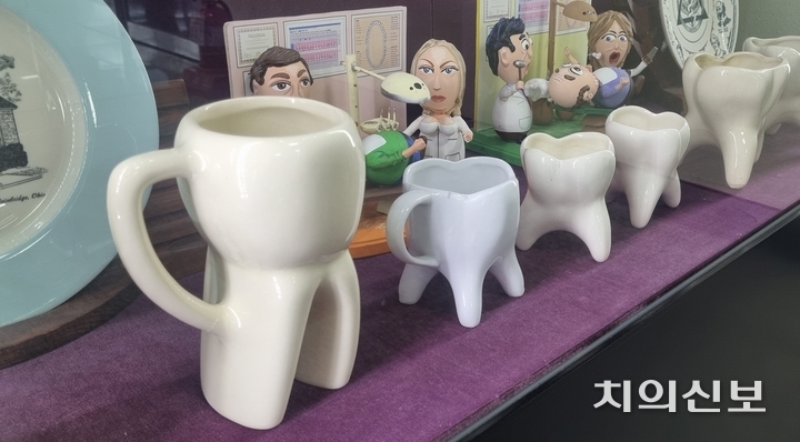 조선대학교 치과대학 본관 1층 치의학박물관에 전시된 덴탈 머그(Mug). 치아를 본뜬 형태가 인상적이다.<천민제 기자>