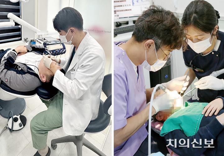 조원빈 서울우리아이치과 원장(좌측)과 박기봉 퍼스트어린이치과 원장(우측)이 장애인 환자를 진료 중이다.
