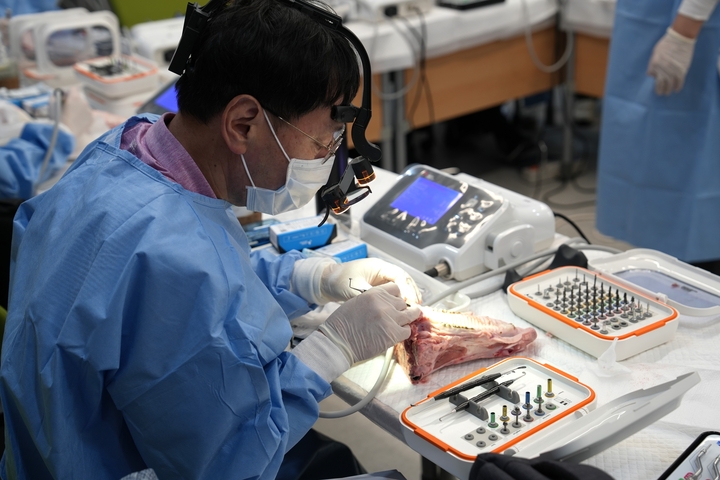 실습에서는 덴티폼과 돼지턱뼈(pig jaw)을 이용해 상악동 측방 접근법과 수직 접근법을 직접 체험했다.